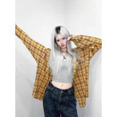 批发港味复古chic黄色格子衬衫女内搭叠穿宽松休闲百搭<b class='q'>中长款</b>衬衣外穿