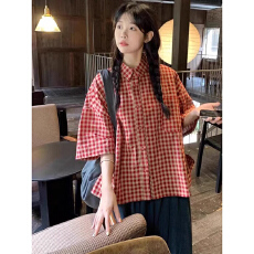 批发原版做工夏新格子短袖衬衫女复古<b class='q'>宽松</b>衬衣慵懒风休闲百搭<b class='q'>上衣</b>