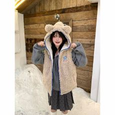 批发美式复古连帽小熊耳朵马甲背心女<b class='q'>秋</b>冬季宽松慵懒风超好看夹棉外套