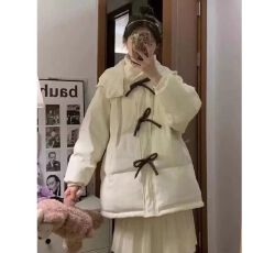 批发蝴蝶结白色羽绒棉服女冬季新款<b class='q'>甜美</b>宽松学院风加厚棉服休闲外套