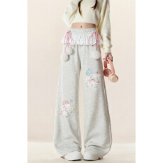 批发可爱毛绒小狗休闲花边蕾丝刺绣宽松拼接筒裤<b class='q'>秋</b>冬长裤款加绒裤子潮