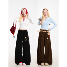 批发复古棕色花朵纽扣设计直筒牛仔<b class='q'>裤</b>女春秋季阔<b class='q'>腿</b>垂感显瘦休闲拖地<b class='q'>裤</b>