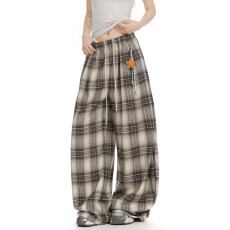 批发美式复古星星挂件弯刀格子<b class='q'>裤</b>女宽松抽绳慵懒垂感显瘦阔<b class='q'>腿</b>休闲长<b class='q'>裤</b>