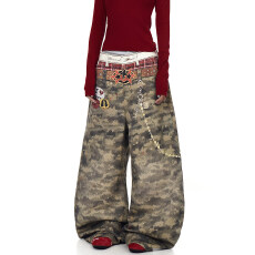批发美式复古3D打印腰带迷彩弯刀牛仔裤男女设计感潮牌宽松弯刀阔腿裤