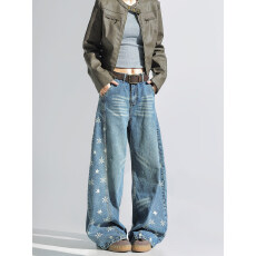 批发美式<b class='q'>街头</b>时髦星星裤复古水洗蓝色牛仔裤女宽松阔腿裤拖地弯刀裤