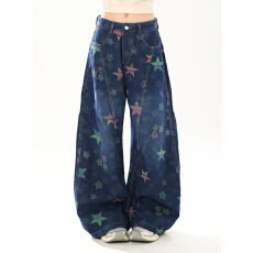 批发美式街头彩色星星设计感水洗牛仔裤<b class='q'>女</b>新款百搭宽松弯刀休闲<b class='q'>工装裤</b>
