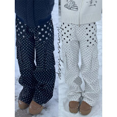 批发亚比风星星口袋波点工装<b class='q'>牛仔裤</b>女2026新款直筒宽松拖地裤