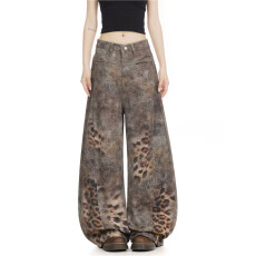 批发美式复古3D打印渐变豹纹弯刀<b class='q'>牛仔裤</b>男女做旧宽松阔腿裤