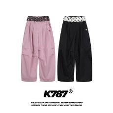 批发美式拼接撞色波点翻腰褶皱弯刀伞兵<b class='q'>裤</b>女跳舞宽松阔腿<b class='q'>裤</b>