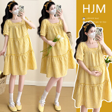 批发实拍 小清新短袖泡泡格子孕妇<b class='q'>连衣裙</b>时尚显瘦小鸡黄精致a字裙