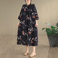 批发2026夏季新款文艺复古棉麻<b class='q'>印花</b>连衣裙立领宽松超长大码度假风袍子