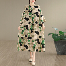 批发2026夏季新款文艺复古棉麻<b class='q'>印花</b>连衣裙立领宽松超长大码度假风袍子