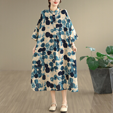 批发2026夏季新款文艺复古棉麻<b class='q'>印花</b>连衣裙立领宽松超长大码度假风袍子