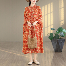 批发2026夏季新款文艺复古棉麻印花连衣裙立领宽松超长大码度假风袍子