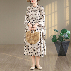 批发2026夏季新款文艺复古棉麻印花连衣裙立领宽松超长大码度假风袍子