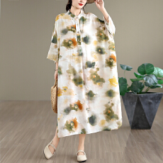 批发2026夏季新款文艺复古棉麻印花连衣裙立领宽松超长大码度假风袍子
