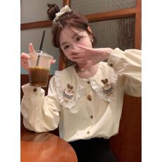 批发韩版甜美减龄可爱兔子娃娃领长袖衬衫女秋装<b class='q'>日系</b>衬衣宽松开衫上衣