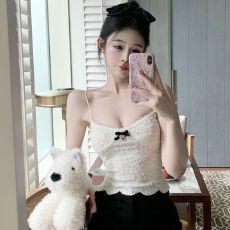 批发蝴蝶结蕾丝吊带小背心女秋季性感收腰修身短款打底衫内搭辣妹上衣