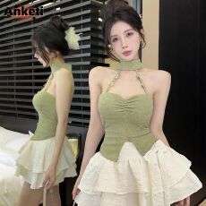 批发小香风挂脖吊带背心女外穿夏泰式甜辣妹一字肩抹胸上衣带胸垫