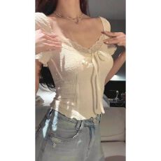 批发别致甜辣v蕾丝鱼骨绑带夏季新款修身上衣女夏修身显瘦锁骨短款t恤