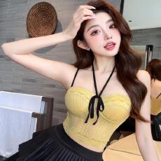 批发性感纯欲少女蝴蝶结挂脖一体式吊带背心女夏季带胸垫短款修身内搭