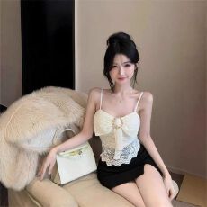 批发新款甜美蝴蝶结蕾丝吊带背心气质内搭纯欲风外穿带胸垫美背上衣女