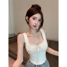 批发纯欲风无袖吊带背心女夏装高级感收腰显瘦法式蕾丝拼接珍珠小上衣