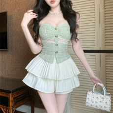 批发辣妹气质小香风抹胸套装蕾丝短款拼接背心高腰<b class='q'>蓬蓬</b>短裙两件套全身