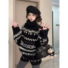 批发费尔岛套<b class='q'>装</b>蝴蝶结提花毛衣秋冬新款高领<b class='q'>上衣</b>女高腰短<b class='q'>裤</b>针织两件套