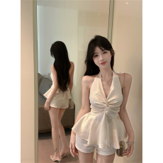 批发缎面挂脖吊带背心女夏季纯欲辣妹性感v领抹胸上衣泰式独特<b class='q'>娃娃</b>衫