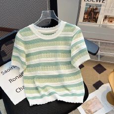 批发小清新彩色条纹针织衫女夏季正肩短袖<b class='q'>T</b>恤衫宽松内搭打底上衣ins潮