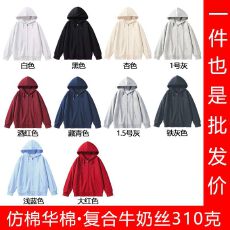 批发全消光cvc螺口仿棉华棉复合牛奶丝310克连帽卫衣隐藏拉链男女同款