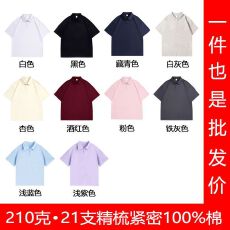 批发210克100%棉后包领 宽松落肩纯棉短袖T恤POLO领上衣光板空白版