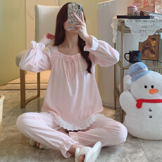 批发现 货 春秋新款少女心粉色公主风睡衣套装<b class='q'>蕾丝</b>边宽松可外穿家居服