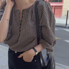 批发长袖衬衫女2025新款<b class='q'>韩版</b><b class='q'>小衫</b>百搭宽松格子上衣显瘦圆领衬衣潮
