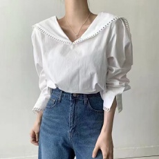 批发2026春秋新款V翻领拼接钩花开叉宽松长袖衬衫<b class='q'>女</b>上衣潮