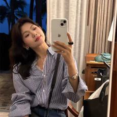 批发<b class='q'>韩国</b>chic春复古减龄翻领单排扣拼接蕾丝花边设计长袖条纹衬衫女