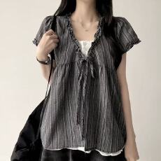 批发有货 chic <b class='q'>韩版</b>甜美麻棉假两件花边短袖<b class='q'>衬衫</b>