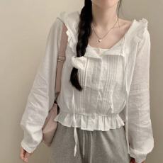 批发韩国chic夏季法式松紧收腰设计花边连帽长袖防晒空调衫<b class='q'>开衫外套</b>女