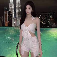 批发辣妹性感挂脖衬衫领百搭设计感绑带小众露脐背心吊带上衣女<b class='q'>春</b>夏季