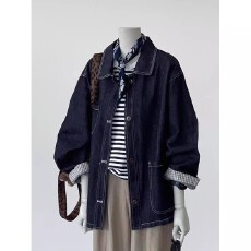 批发韩系复古百搭翻领牛仔外套女<b class='q'>秋</b>季慵懒风宽松bf中长款工装夹克上衣