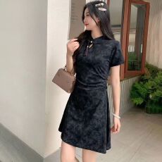 批发<b class='q'>秋</b>季新款长袖法式复古国风新中式名媛风纯色改良旗袍裙连衣裙女