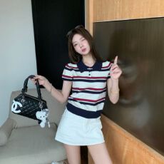 韩系学院风复古撞色条纹短袖T恤女夏季小个子正肩翻领针织衫上衣