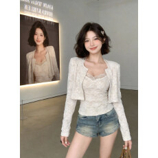 批发甜美蕾丝拼接提花设计短款开衫上衣+背心两件套装早<b class='q'>春</b>