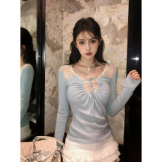 批发人棉260克独特漂亮巨好看上衣纯欲网纱T恤打底衫设计感长袖<b class='q'>春</b>季