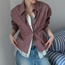 批发韩国chic<b class='q'>秋</b>季新款小众复古撞色拼接假两件木耳花边长袖格子衬衫女