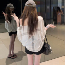 批发天丝螺纹夏气质蕾丝拼接蝙蝠袖T恤女空调罩衫<b class='q'>防晒衫</b>上衣