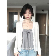 批发韩系荷叶边长袖开衫女春季穿搭内搭抹胸上衣百搭减龄纯欲两件<b class='q'>套装</b>