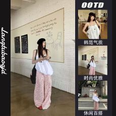 批发甜美风<b class='q'>套装</b>不规则白色花苞吊带背心女夏季碎花阔腿裤休闲裤两件套