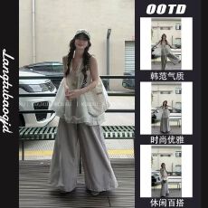 批发ootd一整套夏季穿搭慵懒风休闲宽松无袖衬衫上衣高腰休闲阔腿裤女